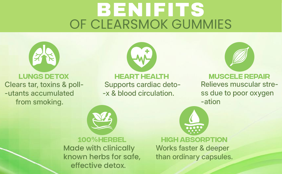 Clearsmok Gummies - Unique Formulation Recover From Smoking Side effect on Heart , Lungs & Muscles| Sugar-Free Orange Flavor | Vasaka, Peepli, Arjuna, Punarnava, Ashwagandha | Advanced Formula | 60 Gummies Pack | Complete Detox