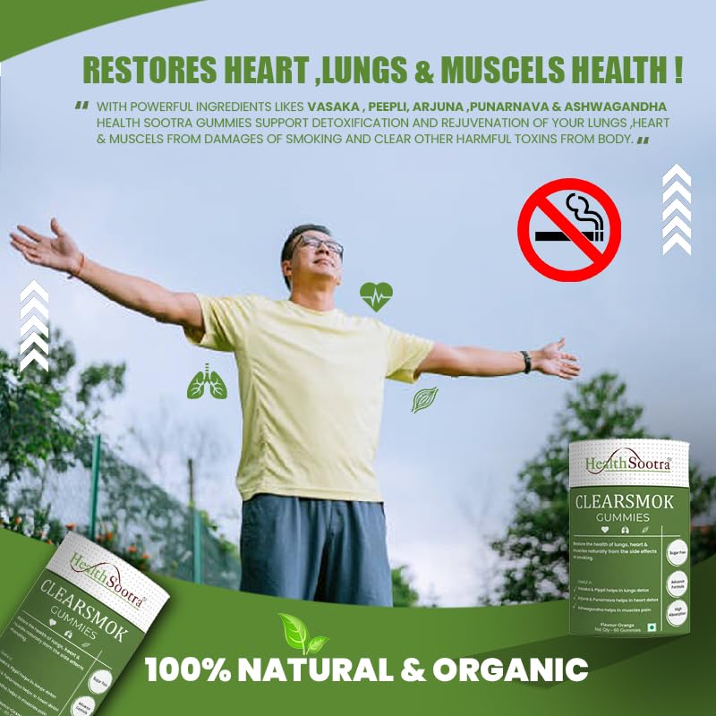 Clearsmok Gummies - Unique Formulation Recover From Smoking Side effect on Heart , Lungs & Muscles| Sugar-Free Orange Flavor | Vasaka, Peepli, Arjuna, Punarnava, Ashwagandha | Advanced Formula | 60 Gummies Pack | Complete Detox