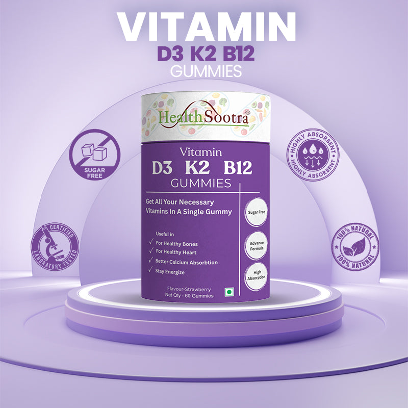 Vitamin D3 + K2 + B12 Gummies | Sugar-Free, High Absorption for Bone & Heart Health (60 Gummies) Strawberry Flavor