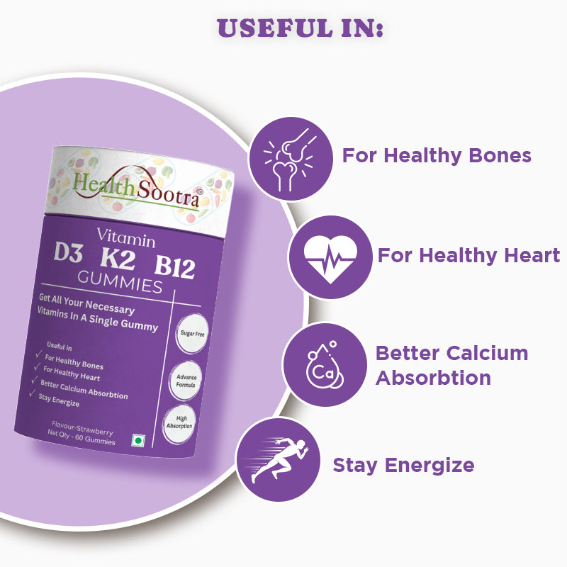 Vitamin D3 + K2 + B12 Gummies | Sugar-Free, High Absorption for Bone & Heart Health (60 Gummies) Strawberry Flavor