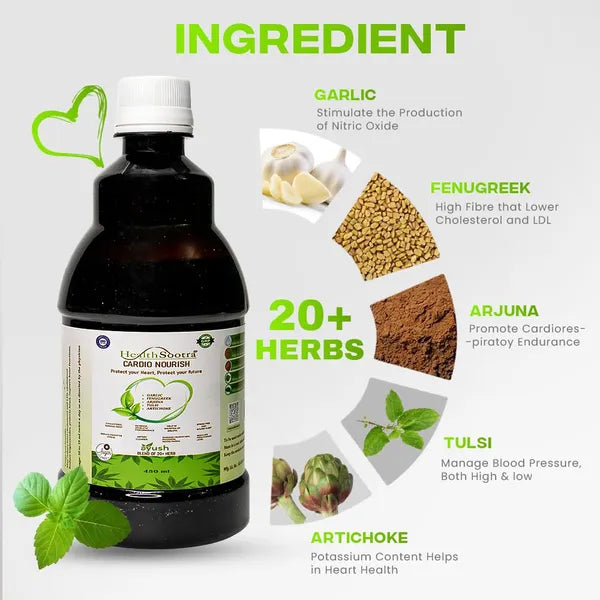 Cardio Nourish Sugar-Free Ayurvedic Juice with Goodness Of Garlic Fenugreek Arjuna Tulsi Artichok Brahmi & Many More, Manage Cholesterol BP & Clean Artery 450ml