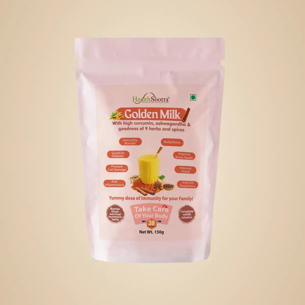 Golden Milk Mix | Turmeric Latte with Ashwagandha and 9 Herbs for Immunity Booster, Body Detox, Antioxidant Rich l Good for respiratory system l (150g / 30 servings)