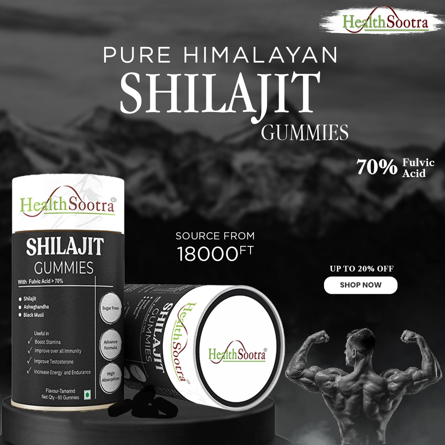 Himalayan Shilajit Gummies – Sugar-Free Tamarind Flavor, 60 Gummies for Energy Boost & Immune Support, 70%+ Fulvic Acid, Vitality, with Goodness of Ashwagandha, Gokshura, Black Musli