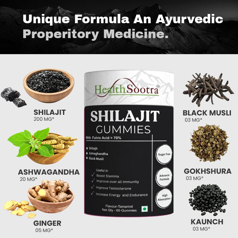 Himalayan Shilajit Gummies – Sugar-Free Tamarind Flavor, 60 Gummies for Energy Boost & Immune Support, 70%+ Fulvic Acid, Vitality, with Goodness of Ashwagandha, Gokshura, Black Musli