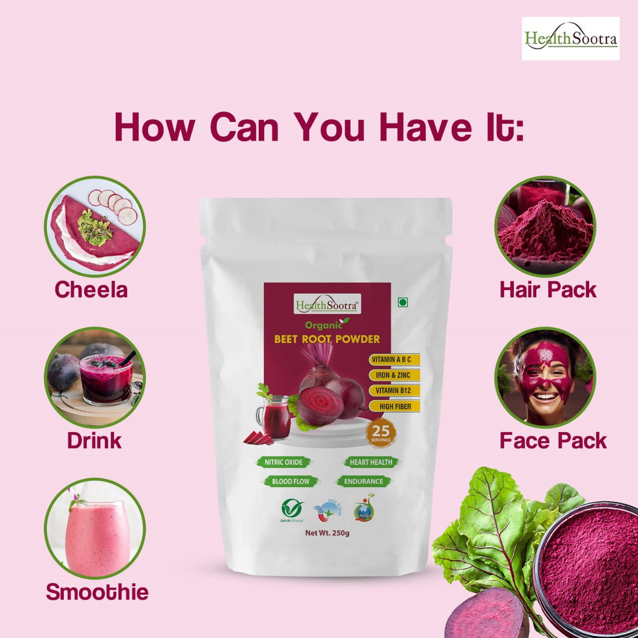 Organic Beetroot Powder | Rich in Antioxidants & Amino Acids, Immunity Booster | Supports Heart, Hair Growth and Glowing Skin | for Pre and Post Workout Drink (Pack size 250gm)